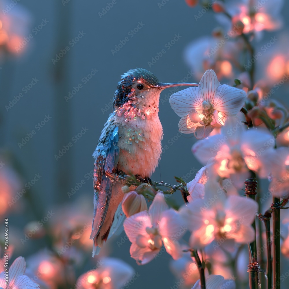 Fototapeta premium Tiny Hummingbird Among Glowing Pink Blossoms