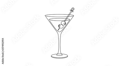 Minimalist black and white line drawing of a martini glass filled with a cocktail and two olives on a pick, elegant one line bar drink illustration on white background