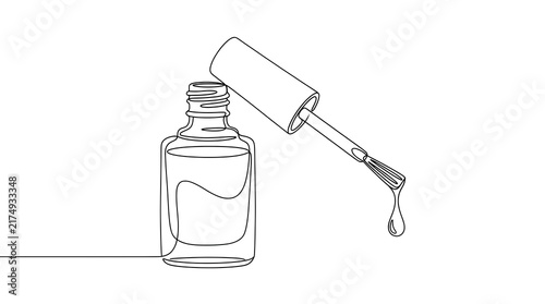 Minimalist one line drawing of a clear nail polish bottle with detached cap and brush, single drop of polish falling, black and white beauty product sketch on white background