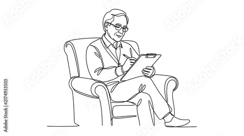 Minimal Line Art of Business Woman Sitting in Armchair Working on Tablet for Remote Work and Productivity Concept
