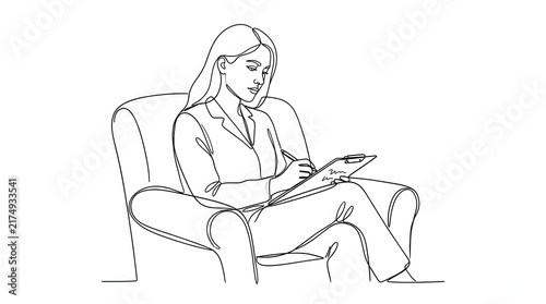 Woman working line art illustration holding tablet and pen in armchair, remote work concept