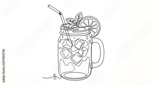 Iced drink glass line art with lemon slices and mint leaves, summer refreshment illustration