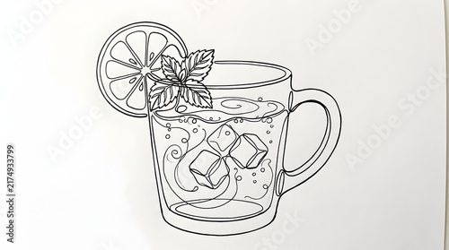 Iced drink glass line art with lemon slices and mint leaves, summer refreshment illustration