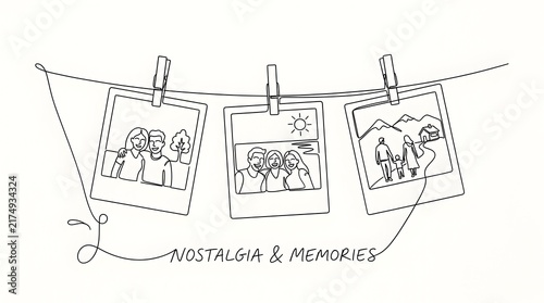 Polaroid pictures hanging on string line art, travel and family memories scrapbook illustration