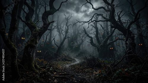 Spooky dark forest with glowing eyes in mist