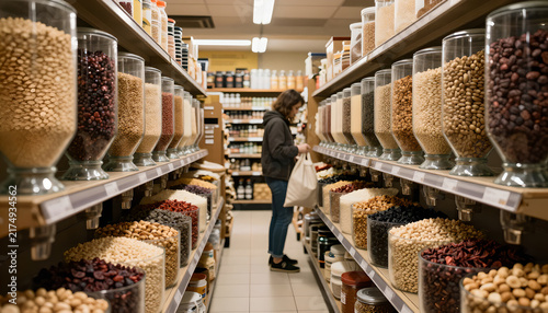 Customer Selecting Bulk Foods in Eco-Friendly Store Aisle: Sustainable Living