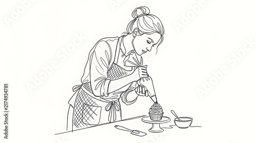 Cupcake decorating line art of woman using piping bag with frosting, pastry and dessert illustration