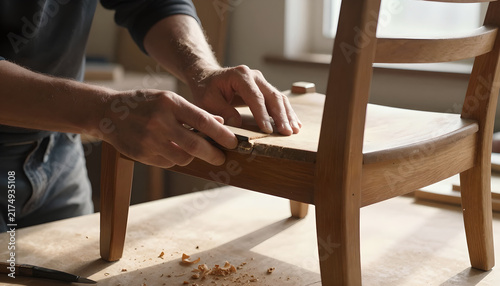 Craftsman Sanding Wooden Chair in Sunlit Workshop: Eco-Friendly Lifestyle