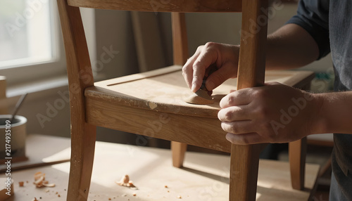 Craftsman Sanding Wooden Chair in Sunlit Workshop: Eco-Friendly Lifestyle