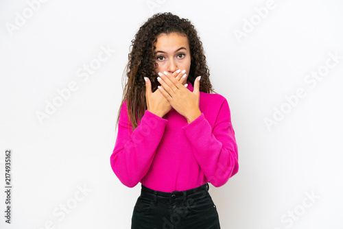 Foto Young Arab woman isolated on white background covering mouth with hands