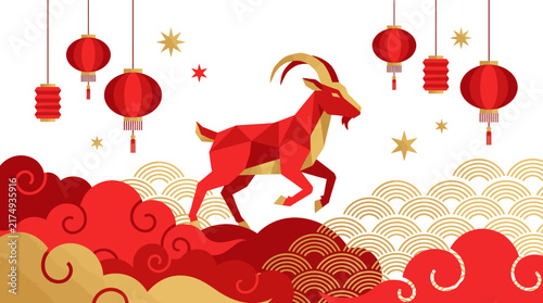 Red and gold geometric goat jumping among chinese lanterns and clouds