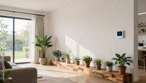 Modern Living Room with Potted Plants and Smart Thermostat: Eco-Friendly Lifestyle