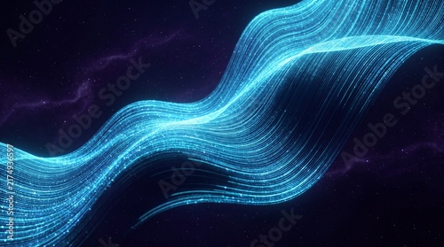Abstract blue light waves flowing through cosmic nebula with glowing particles