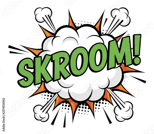 Comic book style explosion speech bubble with green Skroom text effect and dynamic action lines for graphic design projects on transparent background