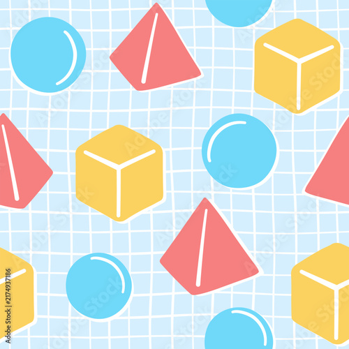 Colorful Geometric Shapes Pattern on Blue Grid Background