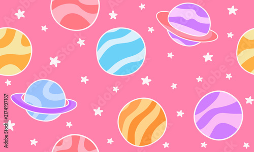 Whimsical space pattern featuring colorful planets, Saturn-like rings, and small white stars on a bright pink background