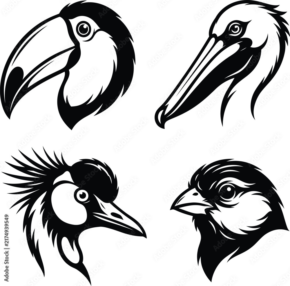 Naklejka premium Tropical Bird Heads Vector Set