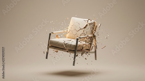 Fractured chair symbolizing pain, interior design, modern home, architecture and real estate concept.