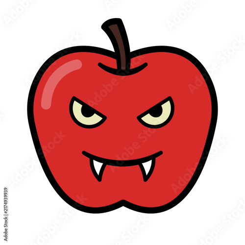 Bild auf Leinwand Red apple vampire cartoon with angry expression and fangs on transparency backgr