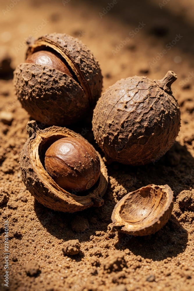 Obraz premium Andiroba seeds lie on soil, showcasing their protective shells. These tropical nuts from Brazil are raw ingredients for natural oils and skincare.