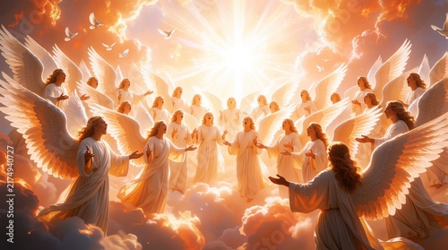 Angelic choir sings in heaven with bright sun rays illuminating them. White winged beings soar in clouds, making music, creating a peaceful, divine atmosphere.
