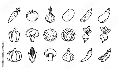 Foto Fresh Vegetable Icons Carrot Tomato Broccoli Cabbage and Pepper Hand Drawn Black