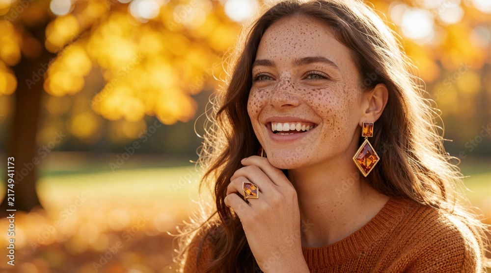 Obraz premium Freckled woman wears amber earrings ring in sunny autumn park. Golden bokeh background highlights jewelry and natural beauty. Warm seasonal portrait.