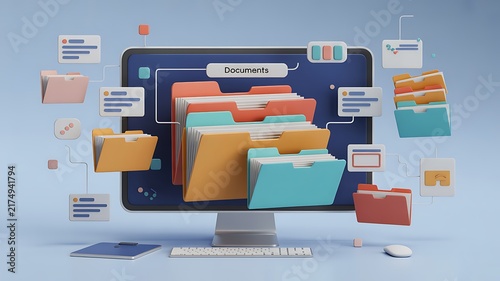 3D Digital Document Management System Representing Efficient File Organization and Cloud Storage Data Workflow Process