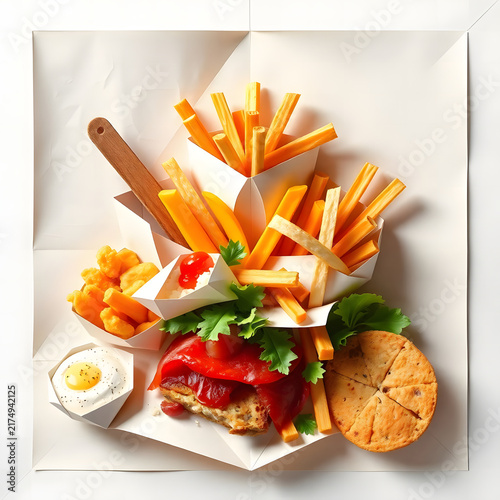 A vibrant fast-food arrangement featuring burgers, tall portions of French fries, vegetables, and dipping sauces on a table, illuminated by colorful red and blue lighting in a lively restaurant atmosp