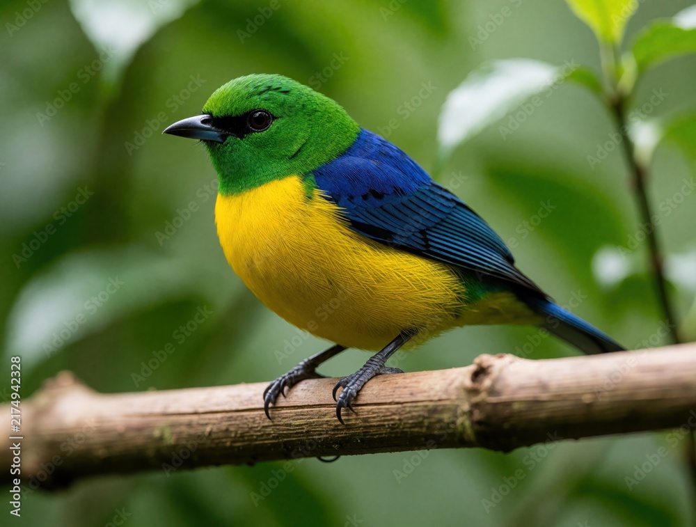 Obraz premium Colorful bird with green head yellow breast and blue wings sits on tree branch. Small songbird in natural jungle habitat. Fauna detail macro.