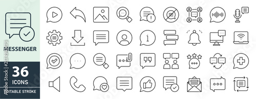A collection of 39 minimalist Messenger icons with editable strokes, featuring chat bubbles, email inbox, notification alerts, voice.