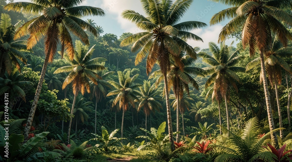 Obraz premium Dense tropical jungle with tall palm trees and lush green vegetation creates a vibrant, exotic natural landscape. A path winds through the foliage, inviting exploration into this tranquil paradise.