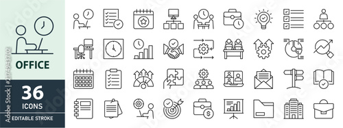 A collection of 39 minimalist Office icons with editable strokes, featuring work schedule, teamwork, performance, time tracking, and vision.