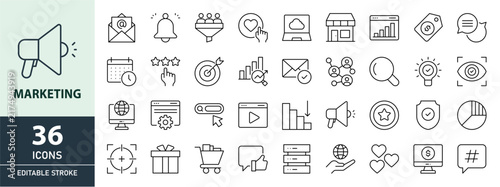 A collection of 39 minimalist Marketing icons with editable strokes, featuring market research, strategy, target audience, branding, advertising and promotion.