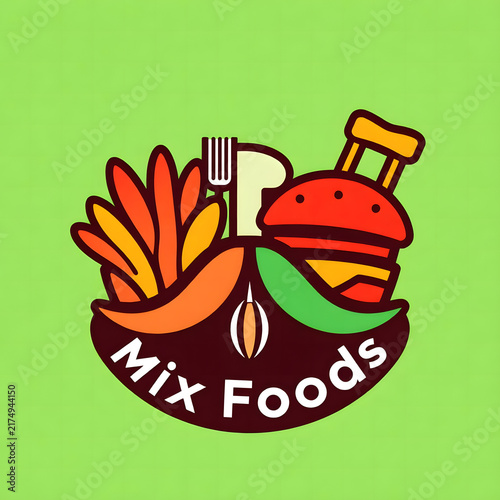 A bright illustrated food logo on a vivid green background, featuring stylized red and yellow fast-food items such as fries, a burger, and a drink with the words “Mix Foods” prominently displayed.