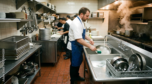 Professional staff member working inside a bustling restaurant kitchen environment cleaning metal pans by the sink while other busy workers prepare gourmet meals for customers during dinner