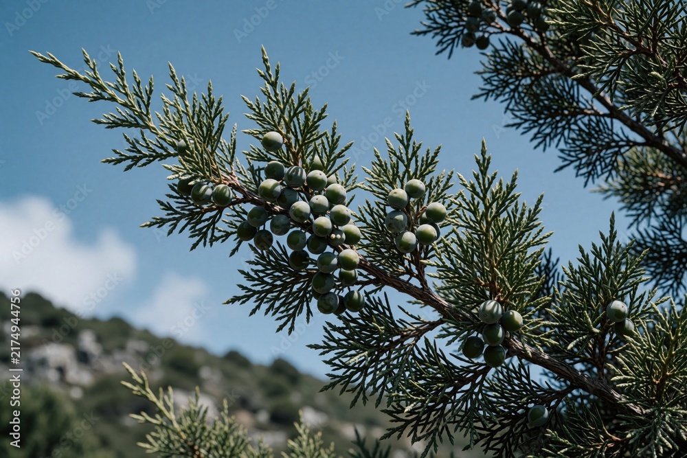 Naklejka premium Juniper branch with green berries against blue sky. Evergreen conifer needles grow on tree limb. Wild plant detail shows natural landscape.