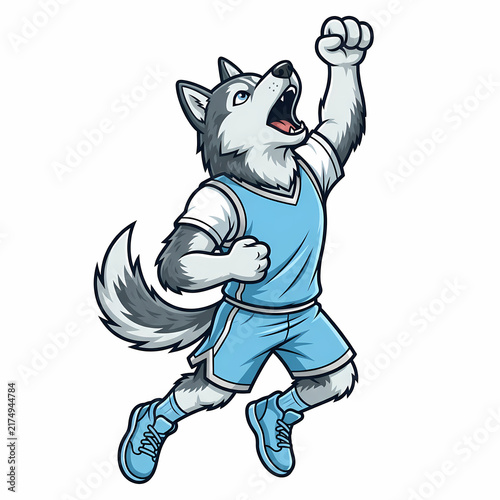 Energetic wolf athlete mascot wearing a light blue basketball uniform jumps high in the air with a cheering expression to represent victory for a competitive sports team during a championship