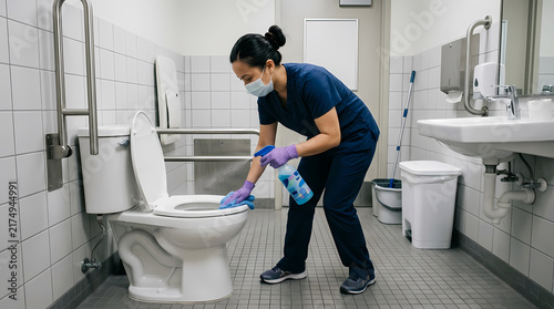Professional janitorial staff wearing protective equipment sanitizing a public restroom seat with chemical spray to ensure safety and hygiene protocols for employees within the corporate