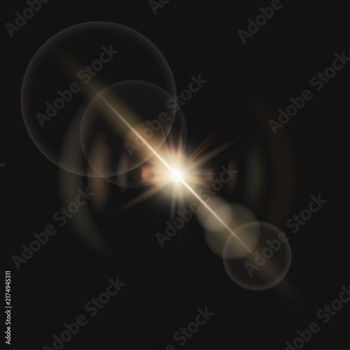 Golden lens flare with realistic sunburst effect, glowing light leak on black background, cinematic optical flare vector