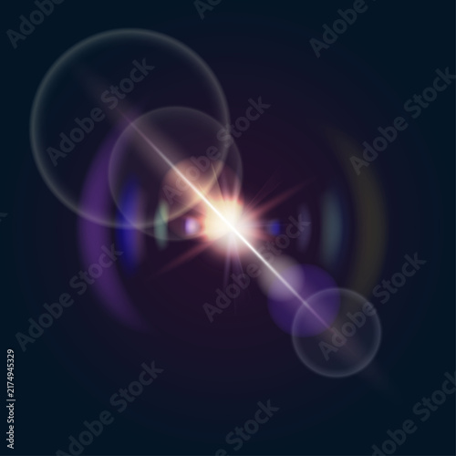 Optical lens flare vector, bright sun starburst with purple bokeh circles, glowing light effect on dark background