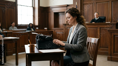 Professional legal clerk typing official court documents using vintage typewriter during formal trial session within authentic wooden courthouse chamber representing historical justice