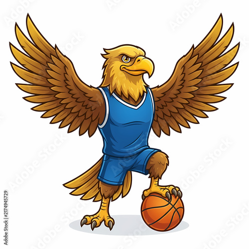 Fierce eagle athlete wearing a blue team jersey standing with wings spread wide while resting one taloned foot on a basketball to represent competitive spirit and athletic prowess in sports