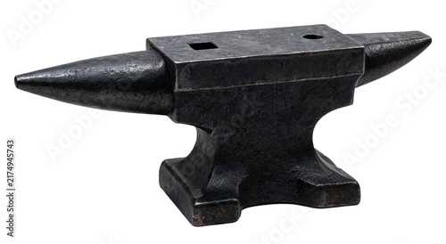 Heavy duty blacksmith anvil with horn and square hole on a white background
