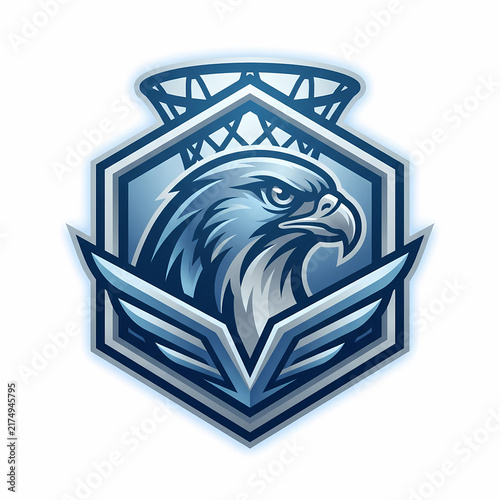 Fierce hawk head emblem combined with basketball hoop elements for competitive sports team identity representing athleticism strength power speed agility performance determination and aggressive
