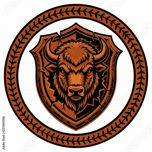 American Bison Head Mascot Emblem Featuring A Rugged Shield Design With Decorative Circular Borders For Sports Team Branding Logos Or Professional Corporate Identity Projects Requiring Sturdy