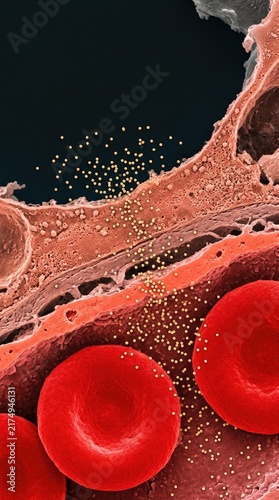 Lipid-soluble nicotine molecules penetrating the blood-brain barrier, demonstrating transcellular diffusion across brain endothelial cell membrane from bloodstream to neural tissue.