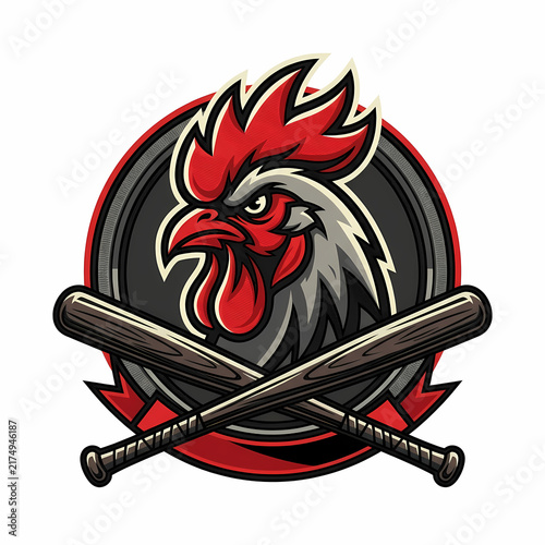 Aggressive rooster mascot head emblem featuring crossed wooden baseball bats for sports team branding identity design elements in a circular frame setup reflecting fierce competitive energy and