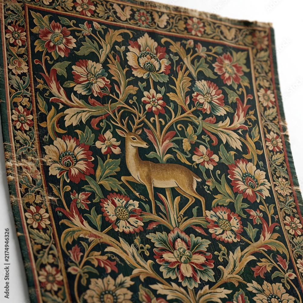 Naklejka premium Ancient woven tapestry fragment shows deer amid floral motif. Detailed rich patterns and aged textures create historical, rustic decor feel. Dark green background with red gold accents.