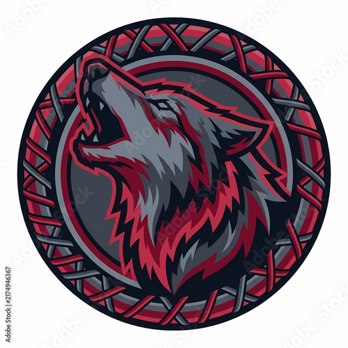 Aggressive howling wolf head emblem design featuring deep crimson and charcoal grey tones for sports team mascot branding and athletic apparel gear or bold circular gaming clan insignia fashion